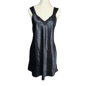 Adonna Vintage Black Satin Slip Dress Women’s Small Lace Trim Sleepwear Lingerie